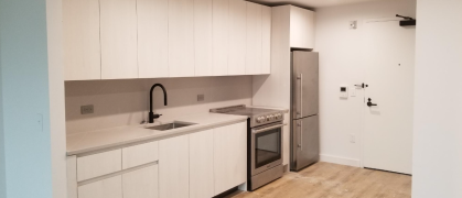 interior galley kitchen of apartment building in Queens